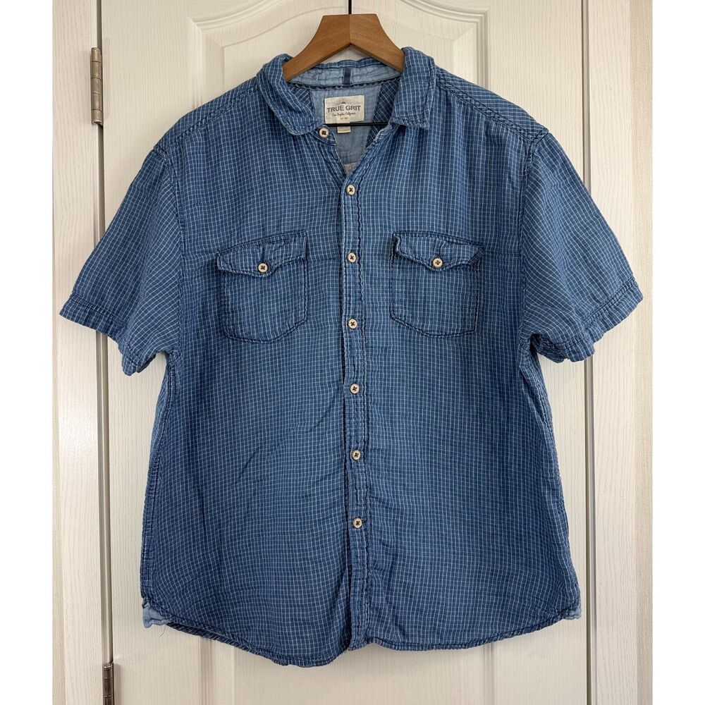 True Grit Men's Blue Plaid Short Sleeve Button Up Shirt 100% Cotton Size XL